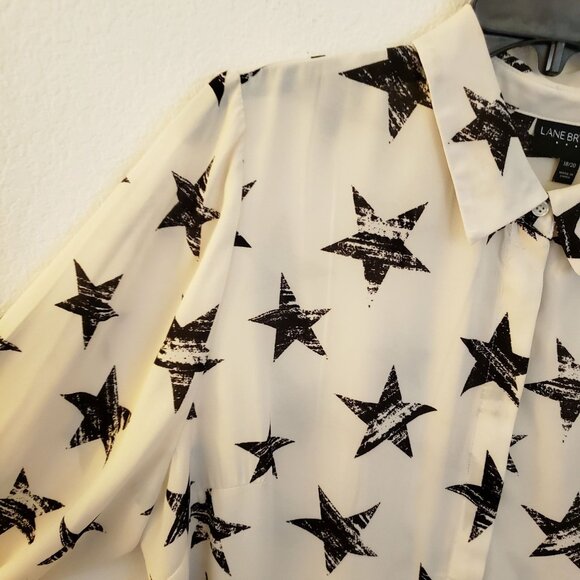 Lane Bryant Lightweight Star Print Cream/Black Button Up Tunic Top Size 18/20 *F - Picture 3 of 10